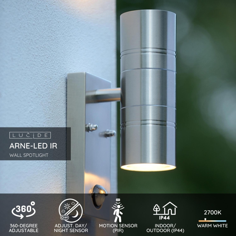 Lucide ARNE-LED - Vonkajšie nástenné bodové svietidlo - Ø 6,3 cm - LED - GU10 - 2x5W 2700K - IP44 - Satin Chrome